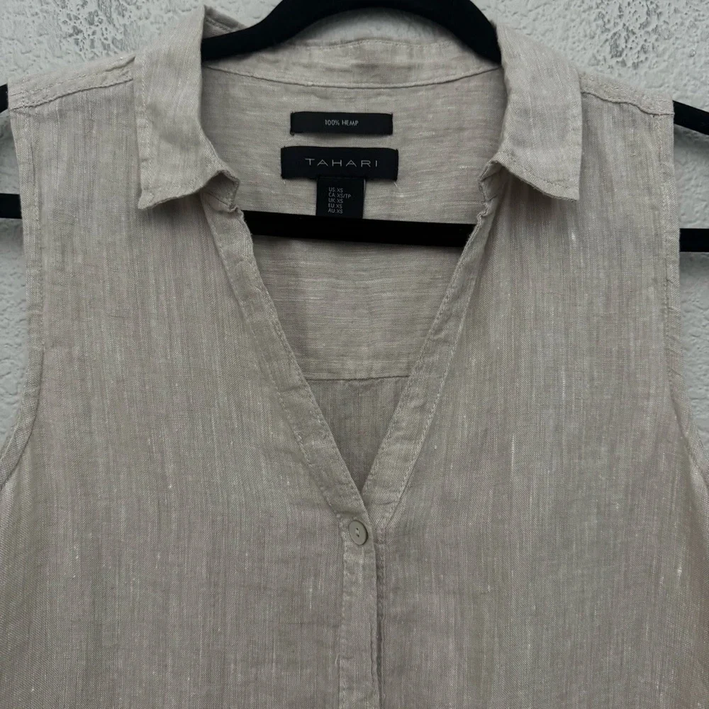 Tahari 100% Hemp Button Front Sleeveless Tunic Top Beige Size XS